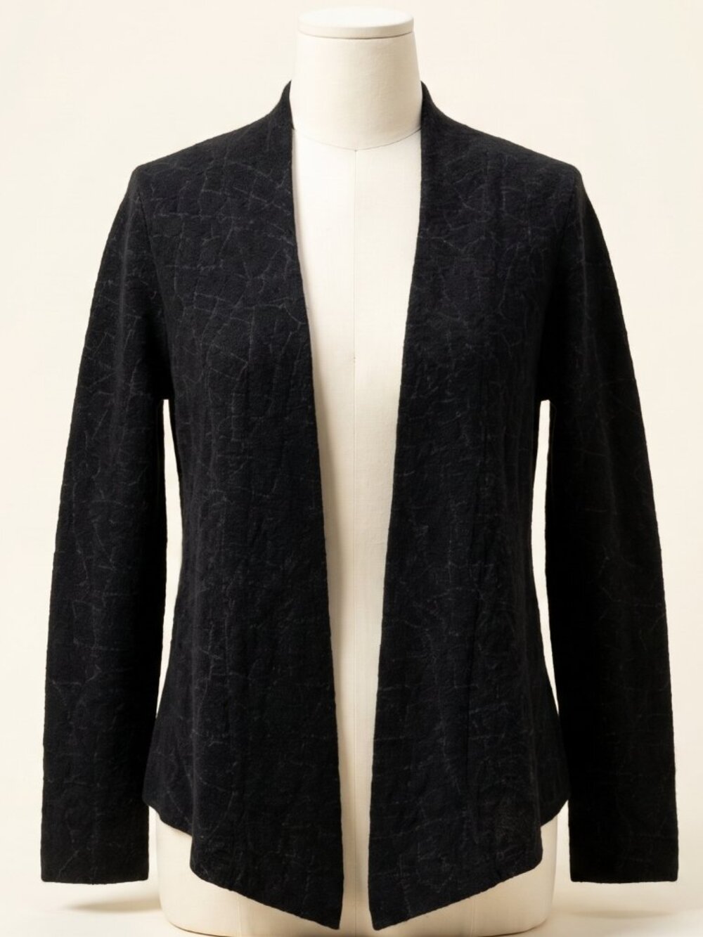 Eileen Fisher Cotton Wool Jacquard Open Front Cardigan Petite Small PS Black